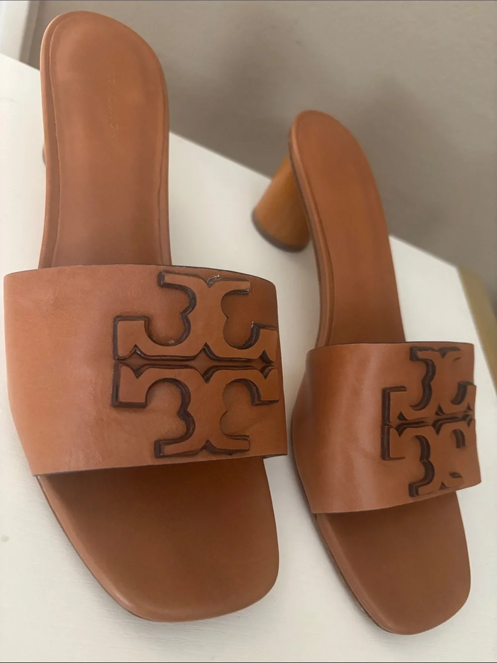 Tory Burch Tan Leather Slide Mules with Logo Block Heel
